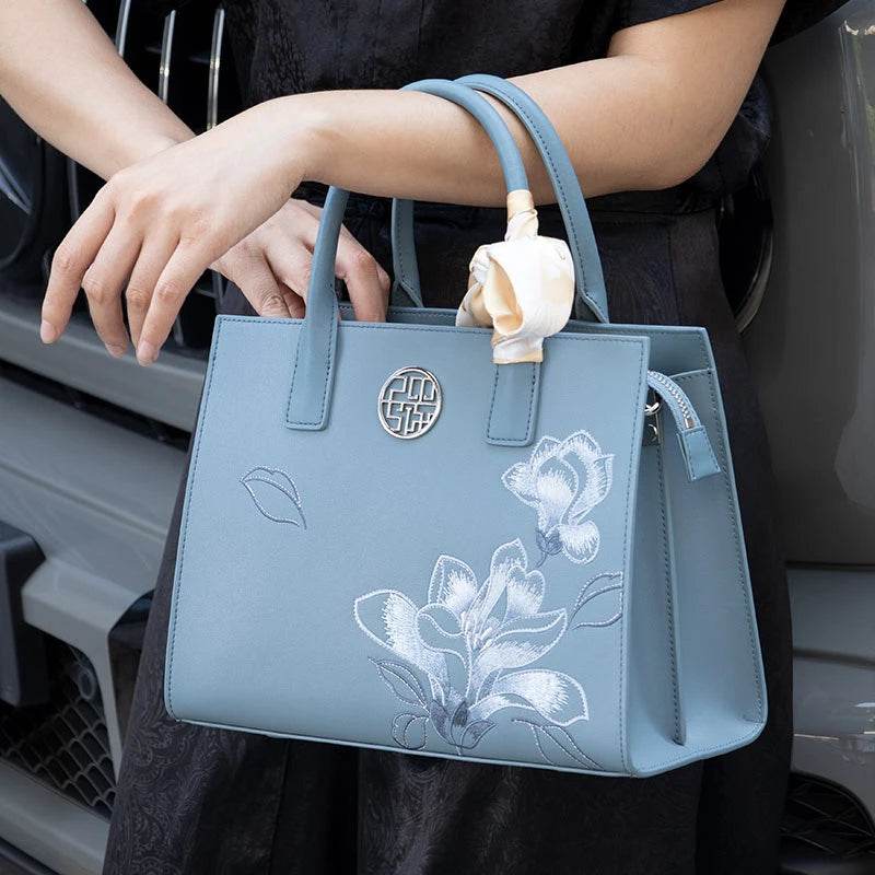 Embroidery Leather White Commuting Handbag Orchid with Scarf - SinoCultural -- P120437-1