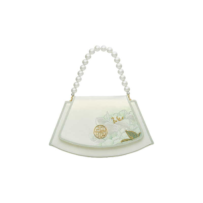Embroidery Leather Retro White Hibiscus Handbag with Pendant - SinoCultural -- P120446