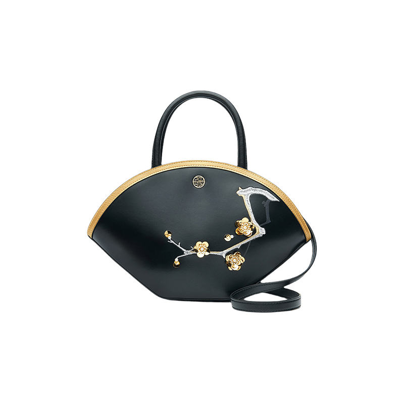 Embroidery Leather Black Basket Handbag 3D Peach Blossom - SinoCultural -- P120469