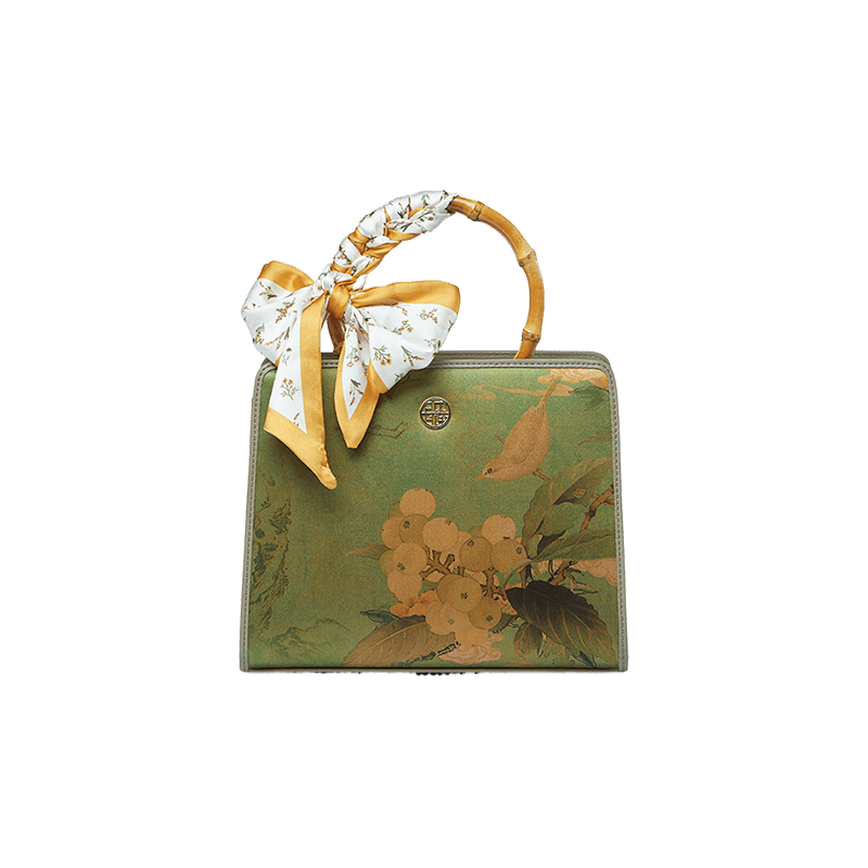 Mulberry Silk Bamboo Handle Green Square Handbag with Scarf - SinoCultural -- P120505-1