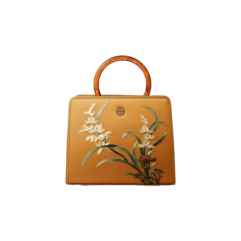 Handcraft Embroidery Silk Orchid Leather Handbag with Pendant - SinoCultural -- P120606