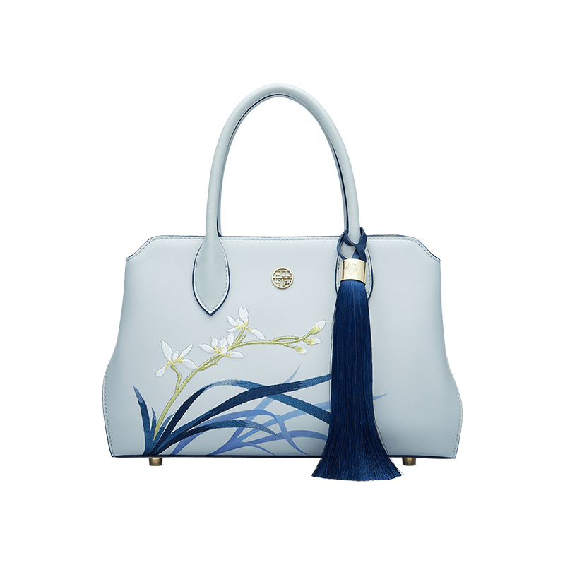 Embroidery Leather Crossbody Tote Bag Blue Orchid Handbag - SinoCultural -- P120609