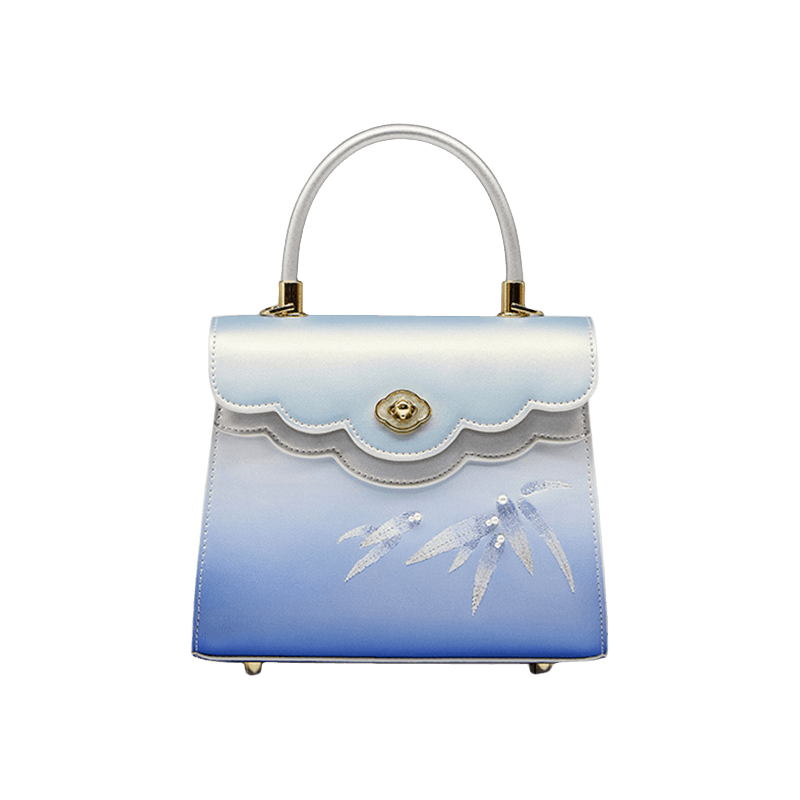 Embroidery Leather Blue Tote Bag Bamboo Elegant Handbag - SinoCultural -- P120611