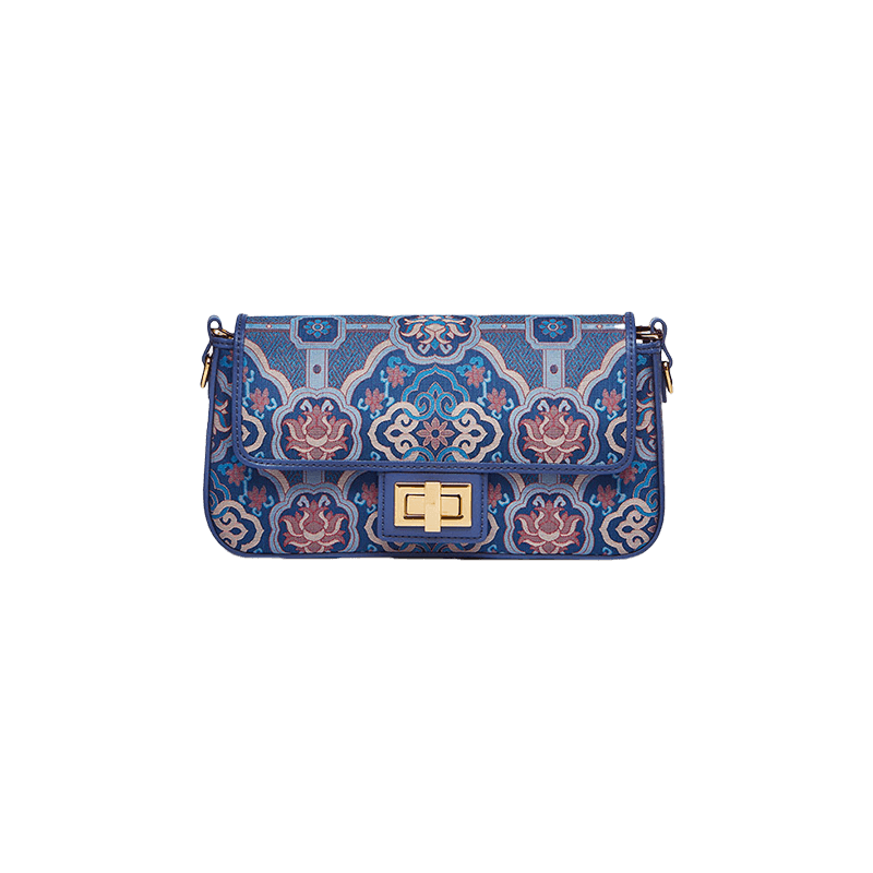 Song Brocade Leather Mulberry Silk Blue Shoulder Evening Bag - SinoCultural -- P12064802B