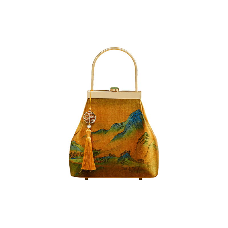 Chinese Painting Mulberry Silk Lux Kiss Lock Clutch Handbag - SinoCultural -- P170076