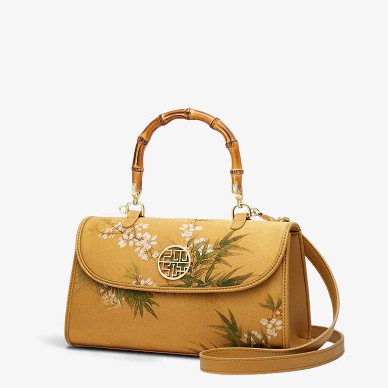 Chinese Painting Xiangyunsha Silk Bamboo Handle Barrel Handbag - SinoCultural -- P170079