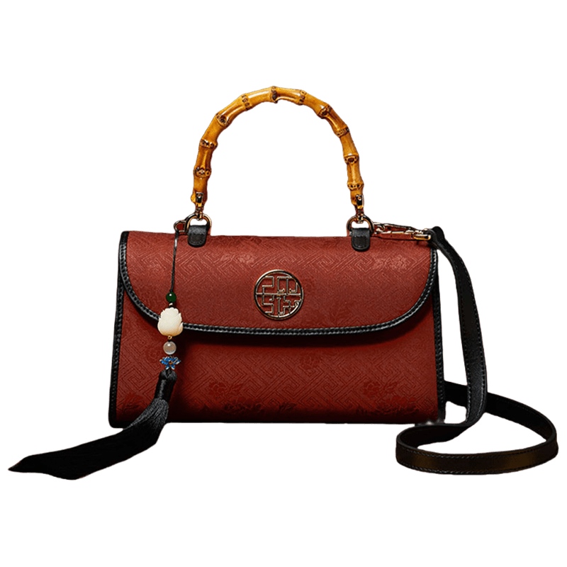 Xiangyunsha Silk Bamboo Handle Brwon Handbag - SinoCultural -- P170079-2 -