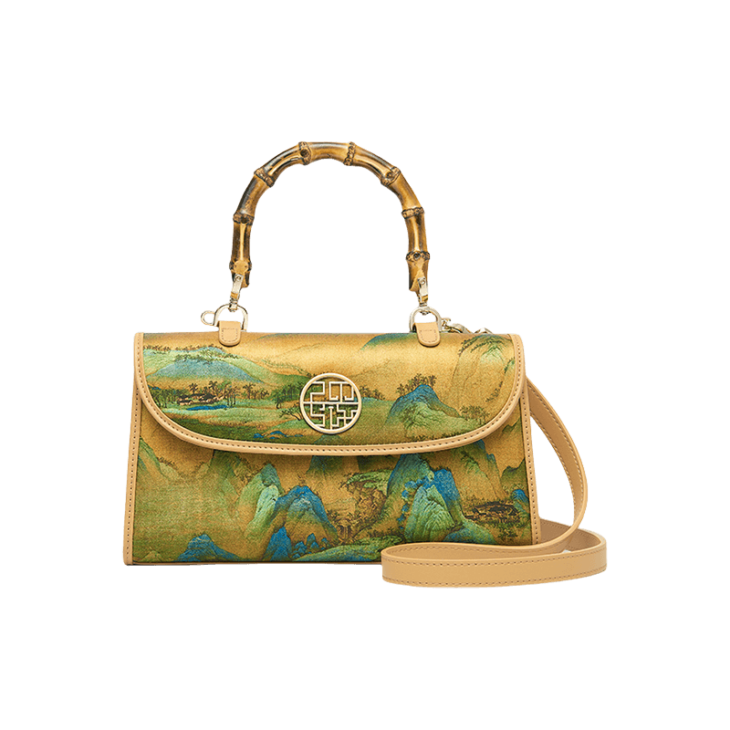 Chinese Painting Xiangyunsha Silk Bamboo Handle Barrel Handbag - SinoCultural -- P170079