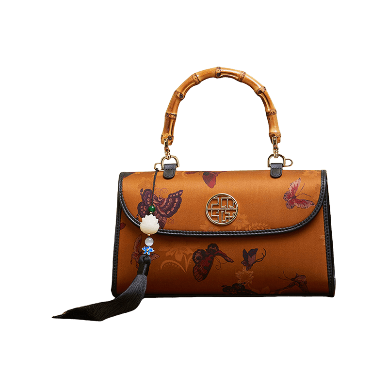 Xiangyunsha Silk Brown Butterfly Bamboo Handle Handbag - SinoCultural -- P170079BK