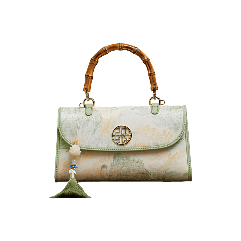 Chinese Style Mulberry Silk Bamboo Handle Light Green Handbag - SinoCultural -- P170079LG -
