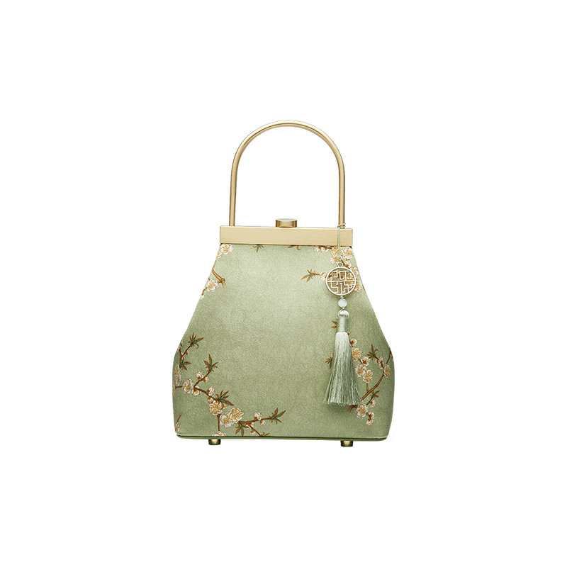 Mulberry Silk Luxury Light Green Kiss Lock Clutch Bag - SinoCultural -- P170118 -