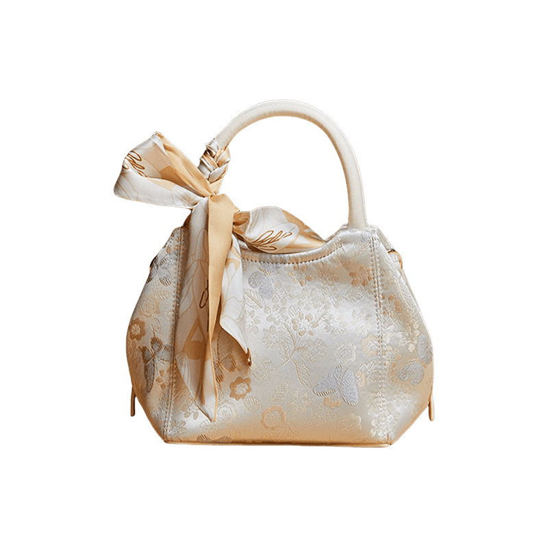Brocade Silk Pink Butterfly Bucket Bag Designer Handbag - SinoCultural -- P17020204-2