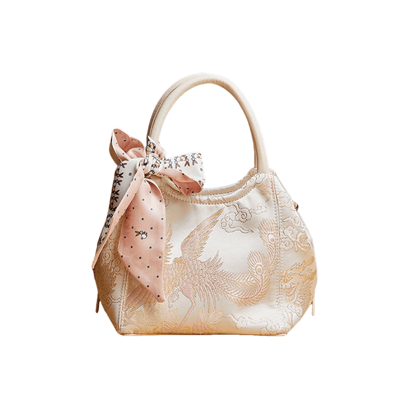 Brocade Jacquard Silk Powder Pink Phoenix Bucket Bag - SinoCultural -- P17020204-4