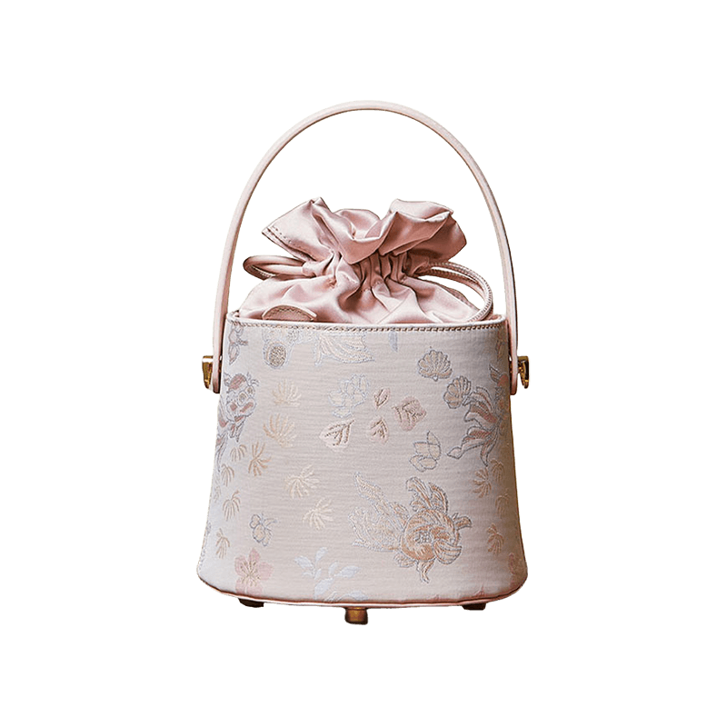 Brocade Jacquard Leather Drawstring Floral Powder Pink Bucket Bag - SinoCultural -- P17061804-1