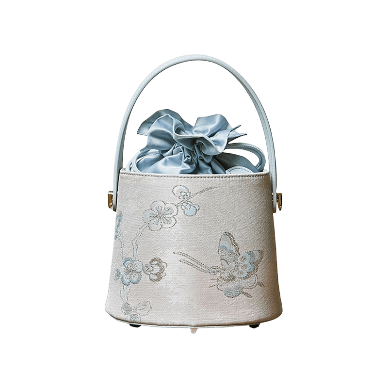 Brocade Jacquard Leather Drawstring Blue Butterfly Bucket Bag - SinoCultural -- P17061804-3