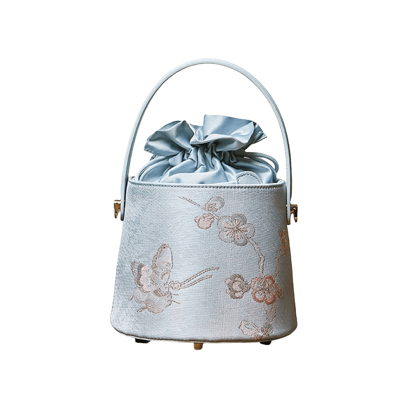 Brocade Jacquard Leather Drawstring Light Blue Butterfly Bucket Bag - SinoCultural -- P17061804-4
