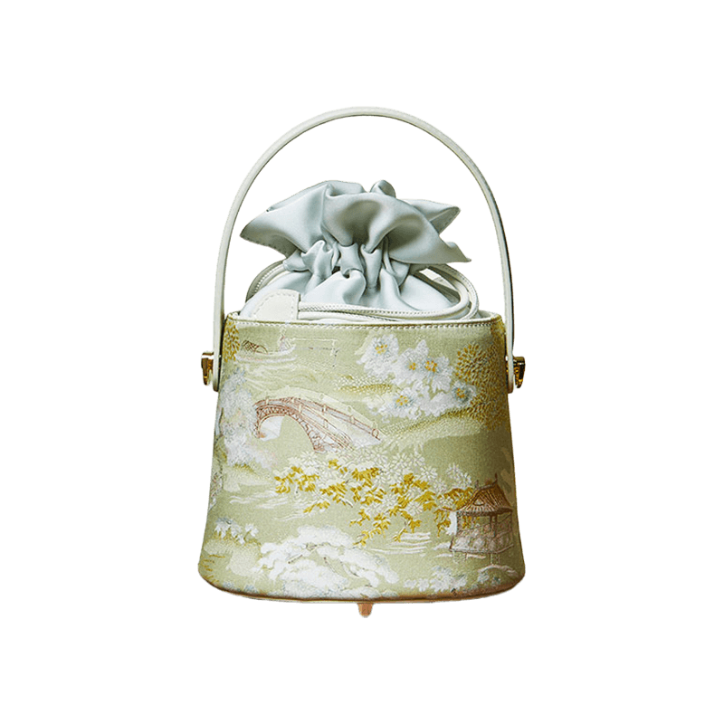 Chinese Painting Mulberry Silk Green Bucket Designer Handbag - SinoCultural -- P17061805
