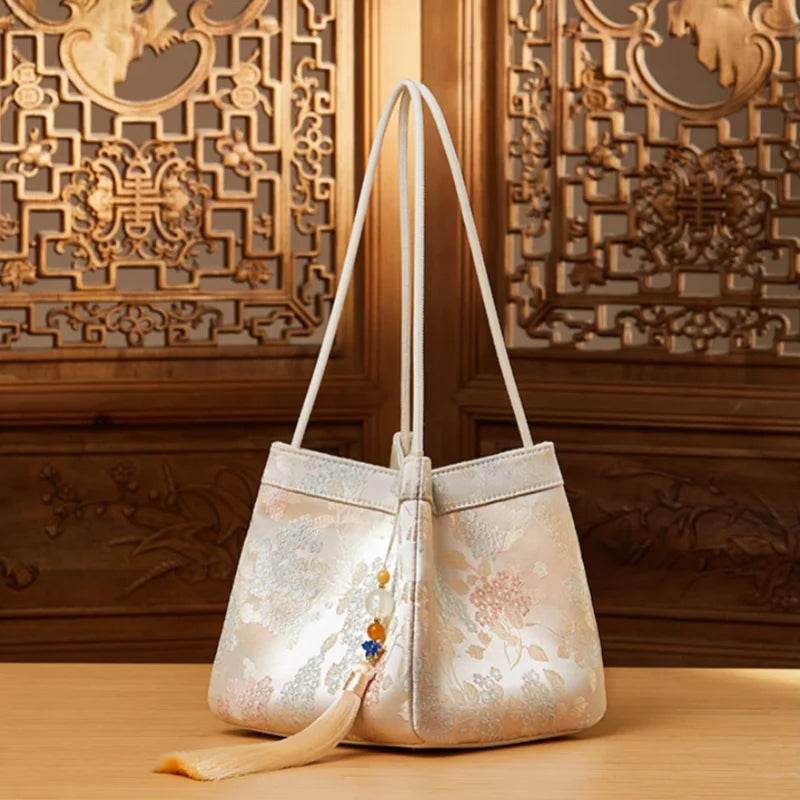 Jacquard Brocade Beige Bucket Handbag Floral New Chinese Style - SinoCultural -- P17062004 -
