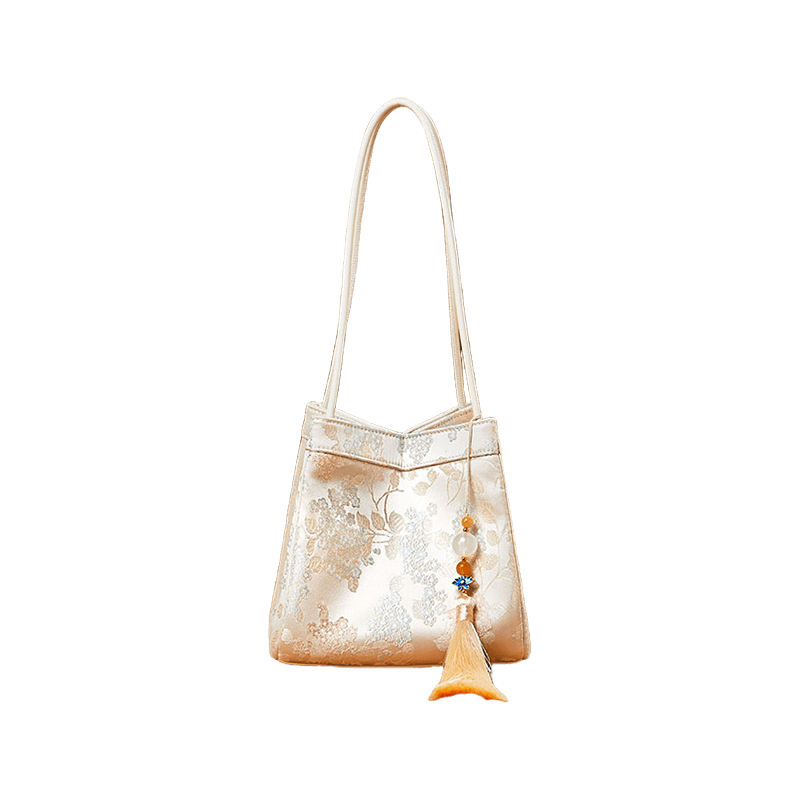 Jacquard Brocade Beige Bucket Handbag Floral New Chinese Style - SinoCultural -- P17062004