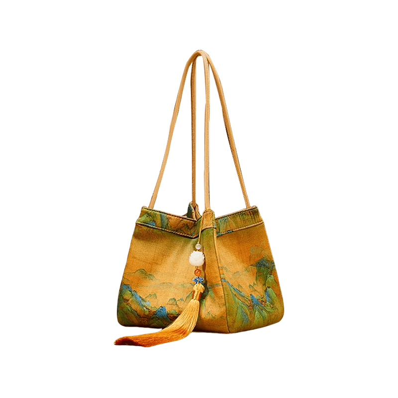 Chinese Painting Mulberry Silk Bucket Bag Vintage Handbag - SinoCultural -- P17062005-2