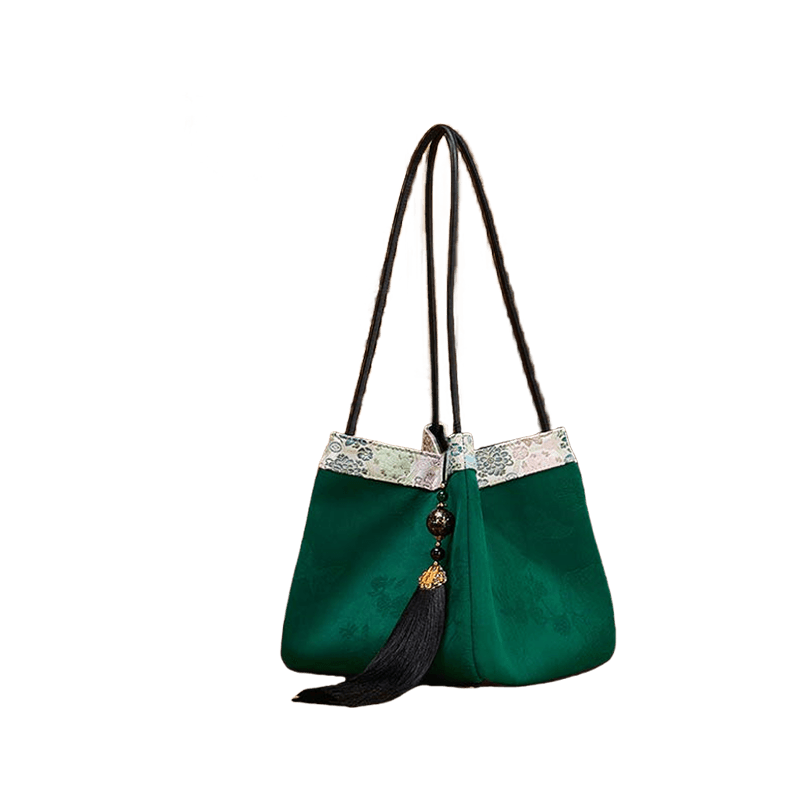 Xiangyunsha Silk Jacquard Vintage Green Bucket Bag - SinoCultural -- P17062005-3