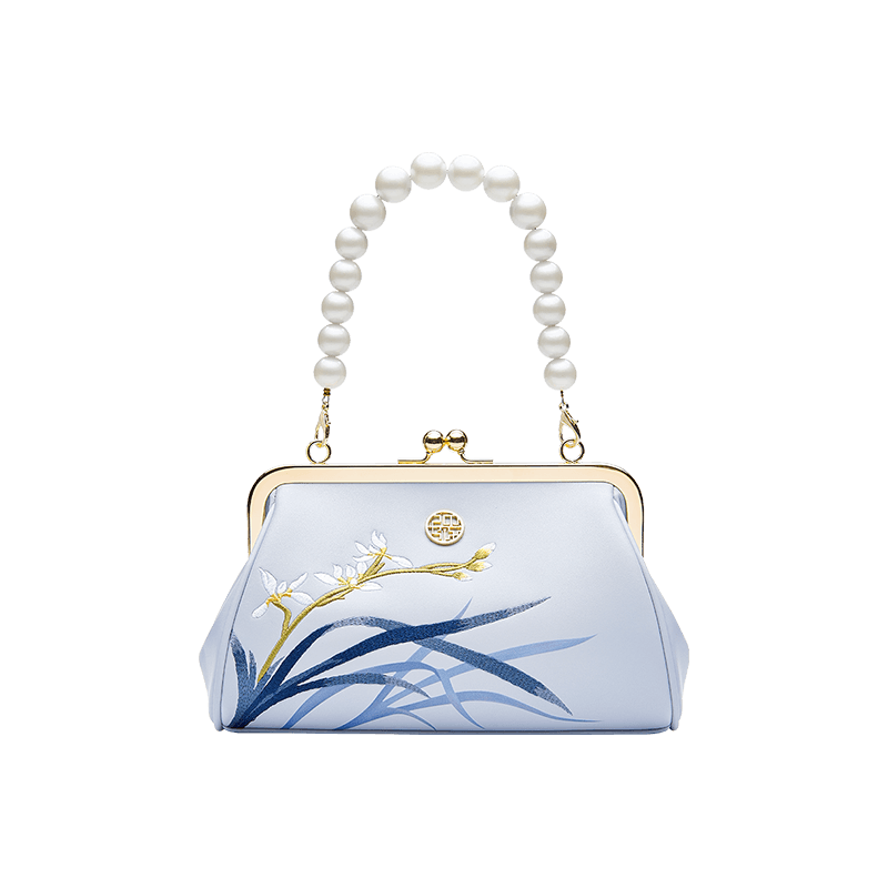 Embroidery Leather Blue Chain Kiss Lock Clutch Handbag Orchid - SinoCultural -- P220063 -