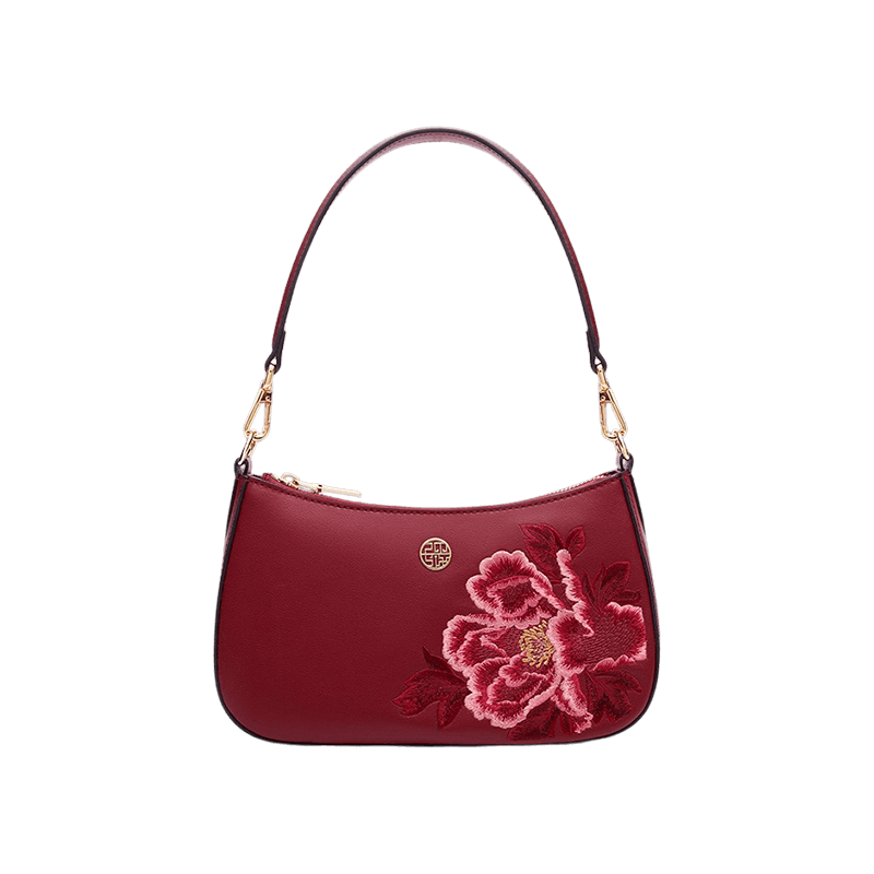 Embroidery Leather Red Shoulder Bag Peony Women's Hobo Handbag - SinoCultural -- P220212-1
