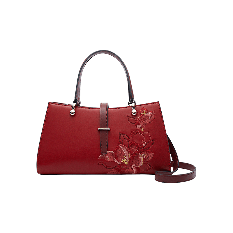 Embroidery Leather Red Magnolia Women's Crossbody Handbag - SinoCultural -- P220237
