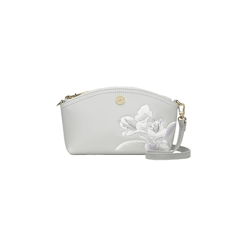 Embroidery Leather Grey Camellia Women Handbag Wallet - SinoCultural -- P220248-3 -