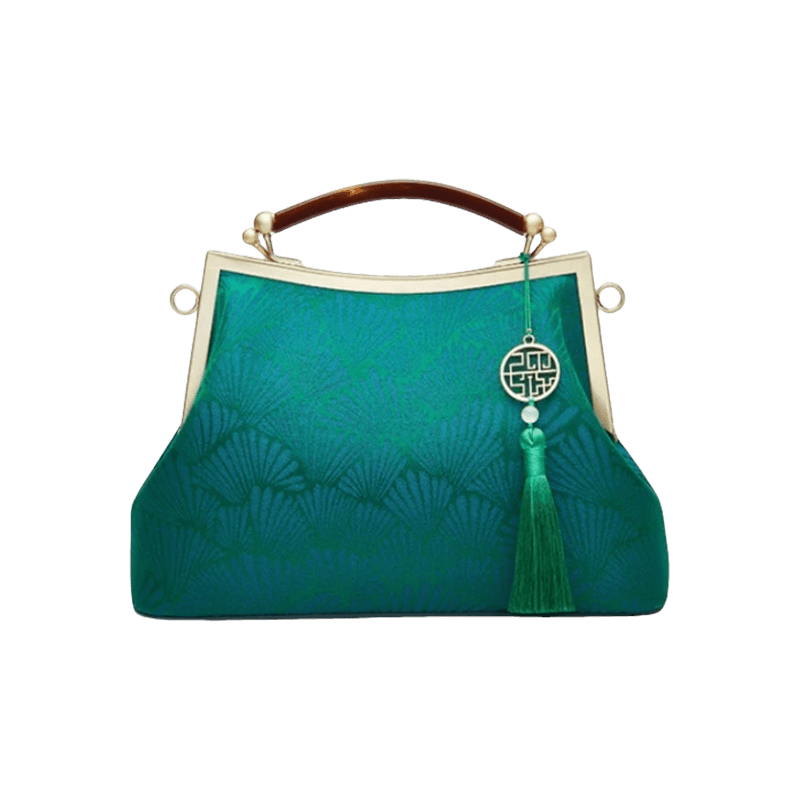 Mulberry Silk Green Pine Leaf Vintage Kiss Lock Clasp Bag - SinoCultural -- P270031
