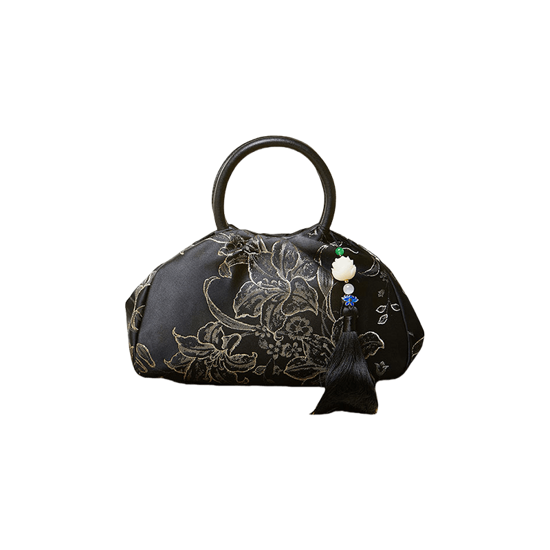 Brocade Chinese Style Bag Black Floral Handbag - SinoCultural