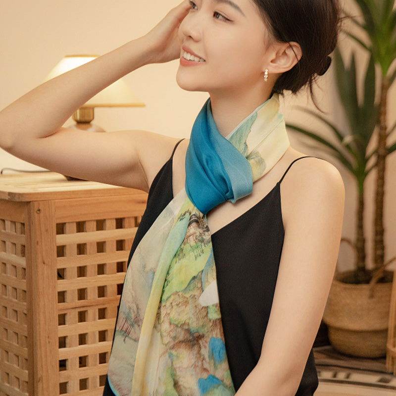 Mulberry Silk Chinese Painting Design Long Scarf 176x52cm - SinoCultural -- SS012BG