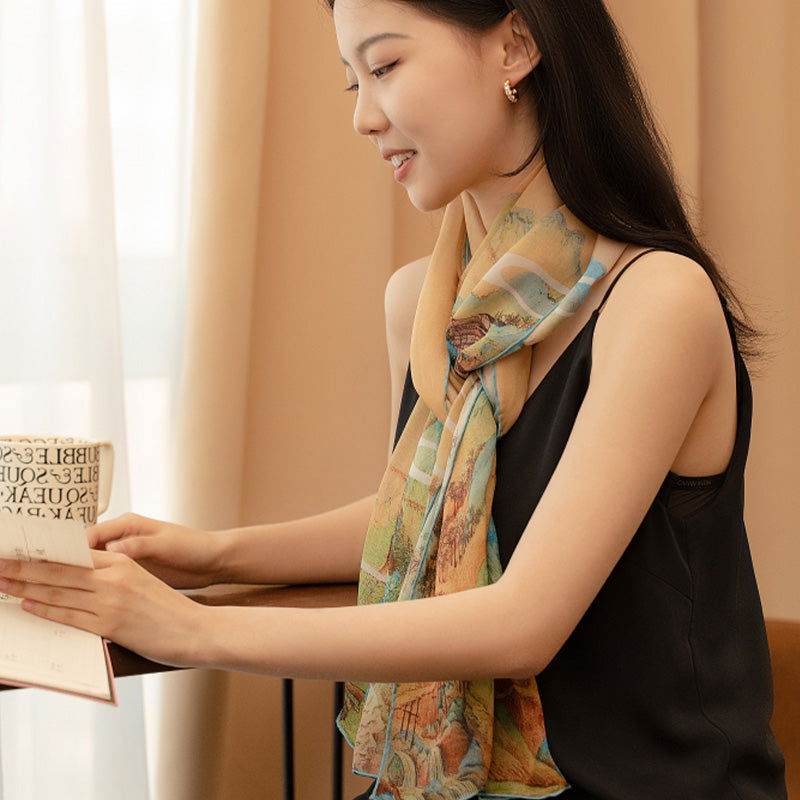 Mulberry Silk Chinese Painting Design Long Scarf 176x52cm - SinoCultural -- SS012BG