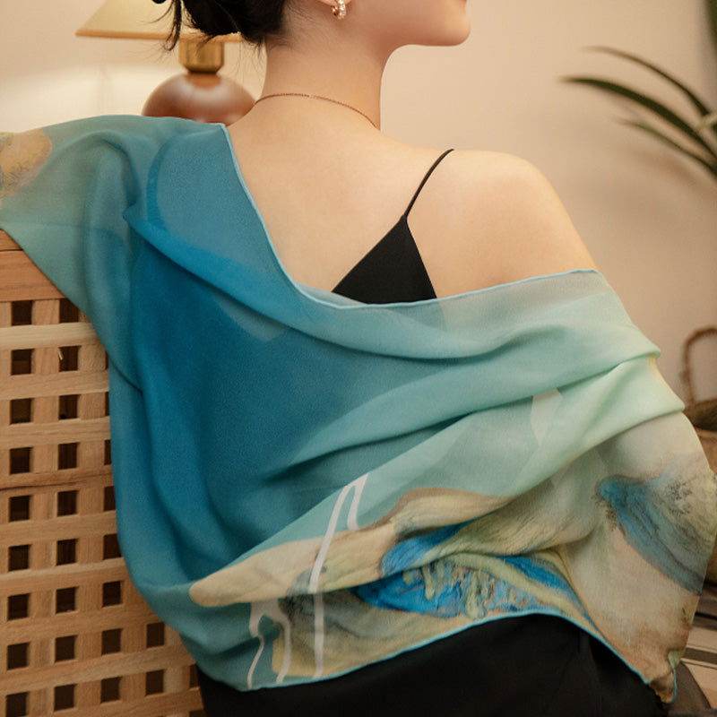 Mulberry Silk Chinese Painting Design Long Scarf 176x52cm - SinoCultural -- SS012BG