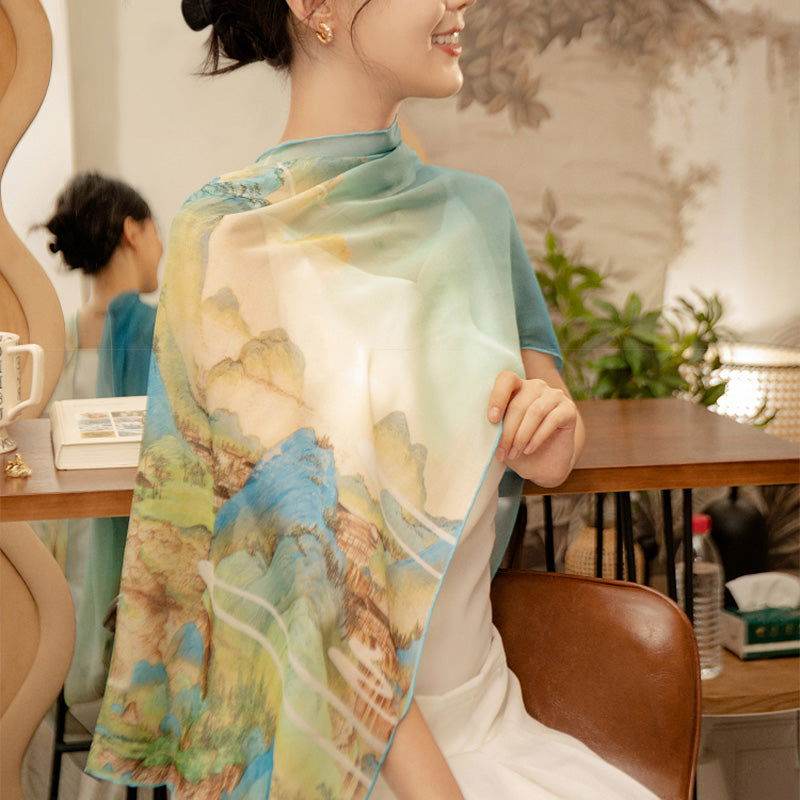 Mulberry Silk Chinese Painting Design Long Scarf 176x52cm - SinoCultural -- SS012BG