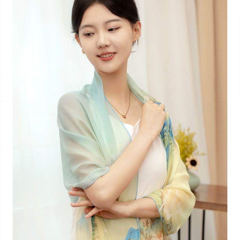 Mulberry Silk Chinese Painting Design Long Scarf 176x52cm - SinoCultural -- SS012BG