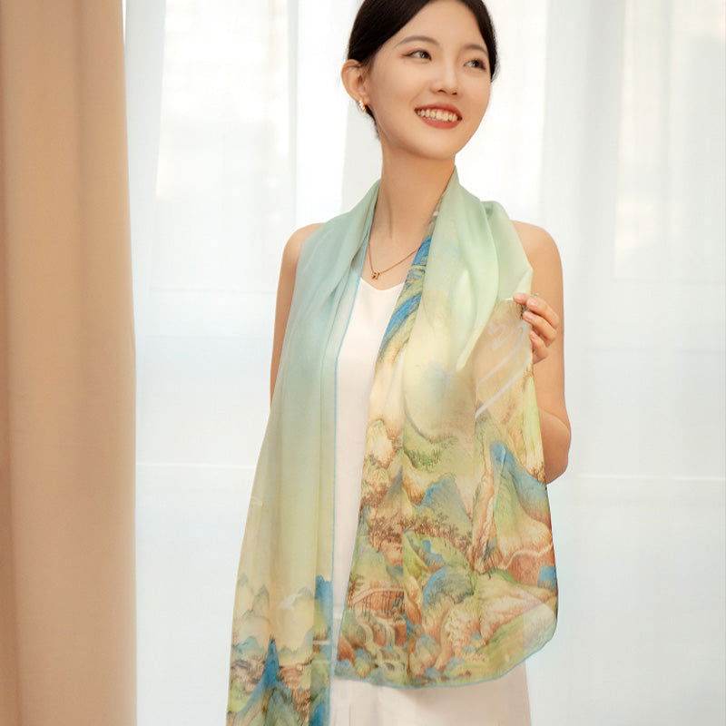 Mulberry Silk Chinese Painting Design Long Scarf 176x52cm - SinoCultural -- SS012BG