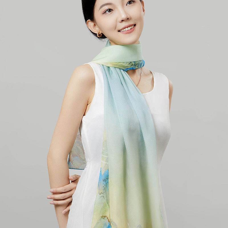 Mulberry Silk Chinese Painting Design Long Scarf 176x52cm - SinoCultural -- SS012BG