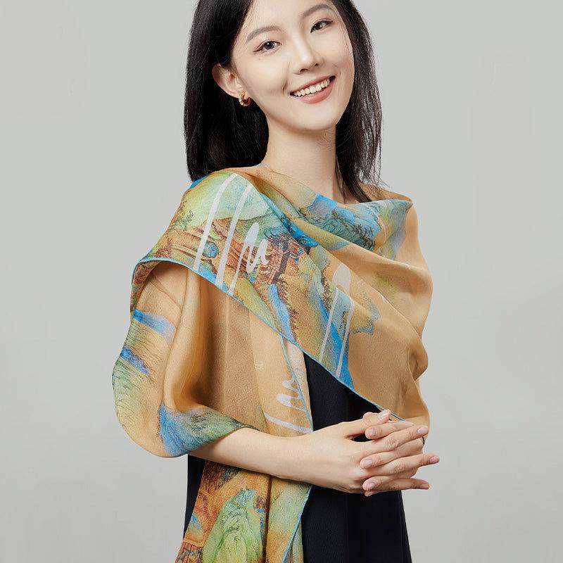 Mulberry Silk Chinese Painting Design Long Scarf 176x52cm - SinoCultural -- SS012BG