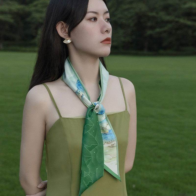 Chinese Painting Mulberry Silk 14 Momme Silk Twilly 120x6.8 cm - SinoCultural -- LS004GN