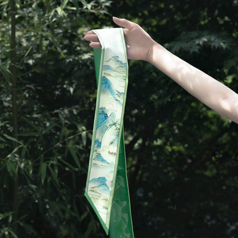 Chinese Painting Mulberry Silk 14 Momme Silk Twilly 120x6.8 cm - SinoCultural -- LS004GN