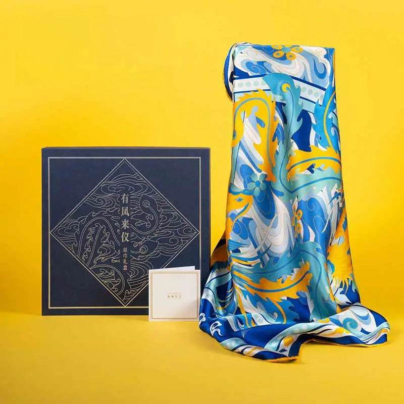 14 Momme Mulberry Silk Square Scarf Phoenix Crown 63x63cm - SinoCultural -- LS045