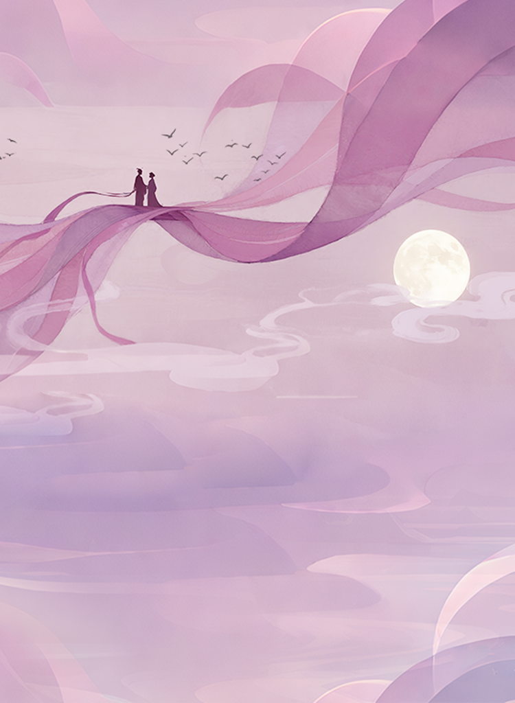 Traditional Chinese couple standing on silk ribbons under a full moon, with flying geese in a soft pink-purple sky—celebrating Qixi Festival (Chinese Valentine's Day) for a store banner.