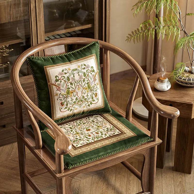 Chinoiserie Floral Vine Short Plush Wooden Green Chair Cushion - SinoCultural -- SC002A38 -