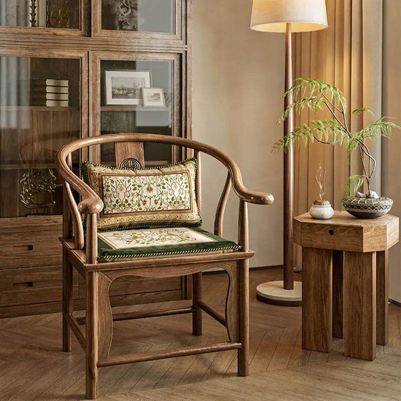 Chinoiserie Floral Vine Short Plush Wooden Green Chair Cushion - SinoCultural -- SC002A38 -