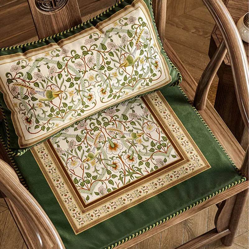 Chinoiserie Floral Vine Short Plush Wooden Green Chair Cushion - SinoCultural -- SC002A38