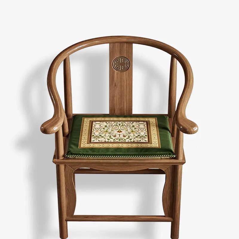 Chinoiserie Floral Vine Short Plush Wooden Green Chair Cushion - SinoCultural -- SC002A38 -