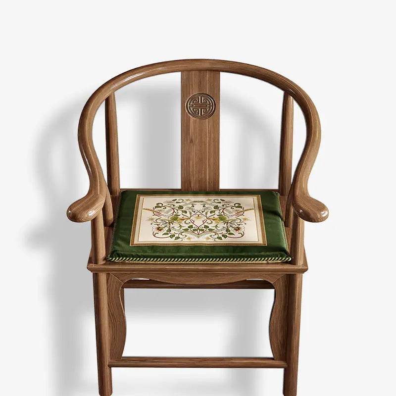 Chinoiserie Floral Vine Short Plush Wooden Green Chair Cushion - SinoCultural -- SC002A38 -