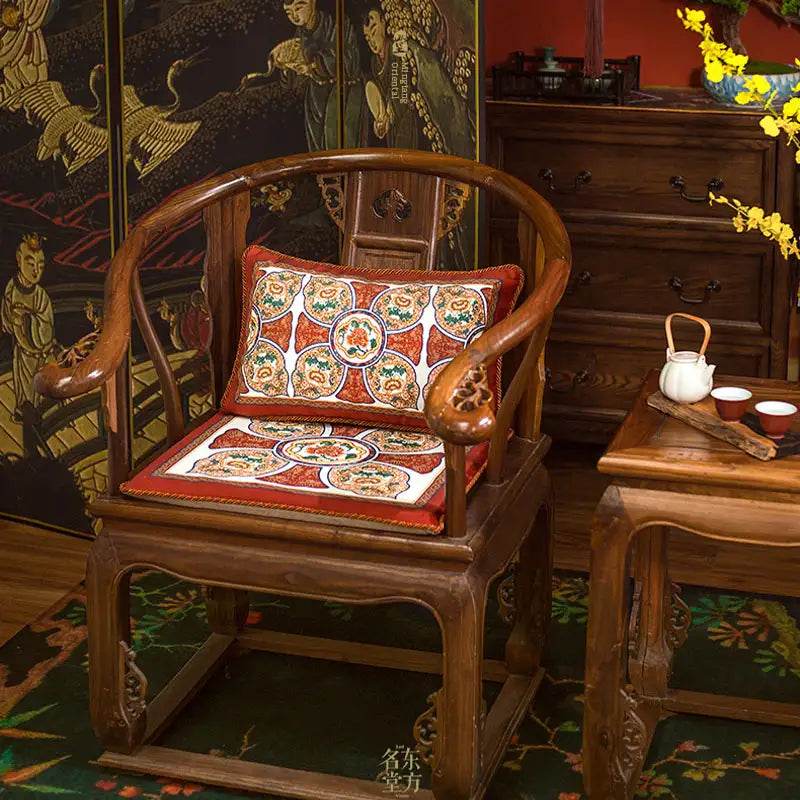 Chinoiserie Red-Yellow Glass Chinese Imperial Chair Cushion - SinoCultural -- SC010A38 -