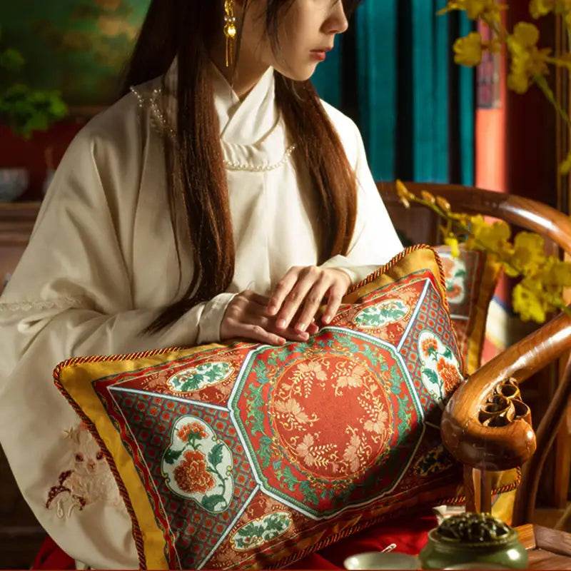 Chinoiserie Red-Yellow Glass Chinese Imperial Chair Cushion - SinoCultural -- SC010A38 -